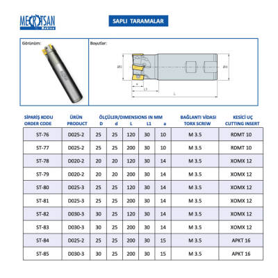 Mertsan Saplı Tarama Freze Kafası D016-2, 16X90 mm Takım Ölçüsü, (2 Adet APKT 0903 Kesici Uç kullanır) - 1 Adet - 7