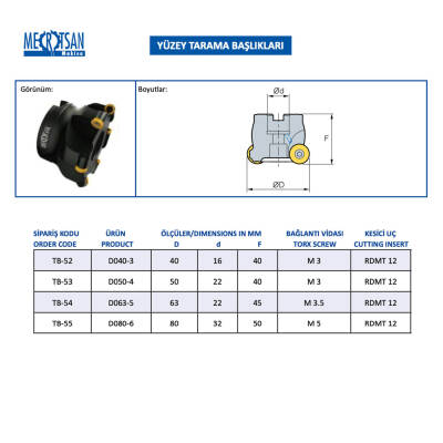 Mertsan Yüzey Tarama Başlığı D040-3 - 40X40 mm Takım Ölçüsü, 3 Adet RDMT 12 Kesici Uç kullanır - 2