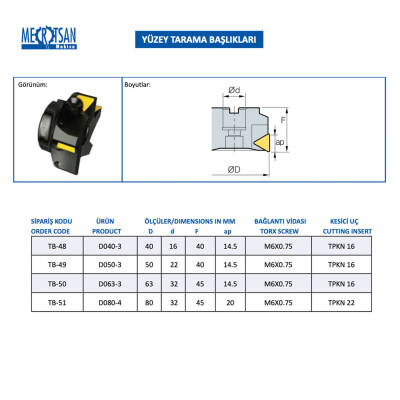 Mertsan Yüzey Tarama Başlığı D050-3 - 50X40 mm Takım Ölçüsü, 3 Adet TPKN 16 Kesici Uç kullanır - 2