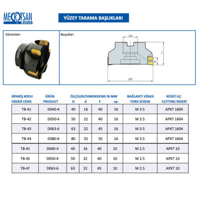 Mertsan Yüzey Tarama Başlığı D050-4 - 50X40 mm Takım Ölçüsü, 4 Adet APKT 10 Kesici Uç kullanır - 2